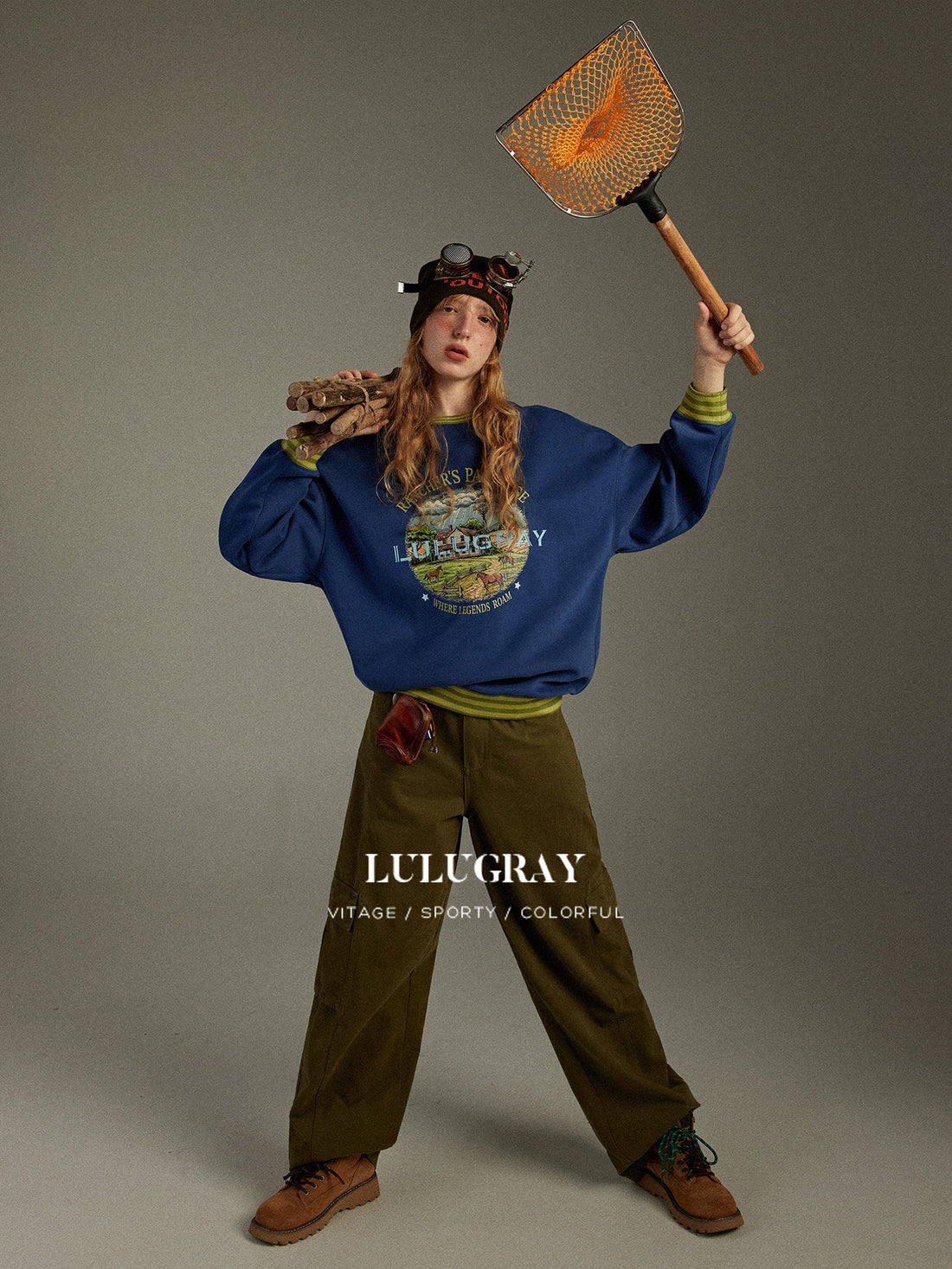 lulugray Vintage Cartoon Print Colorblock Ribbed Loose Fit Women&