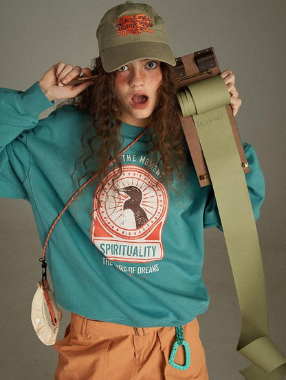 lulugray Vintage Cartoon Print Raglan Crewneck Loose Fit Women&