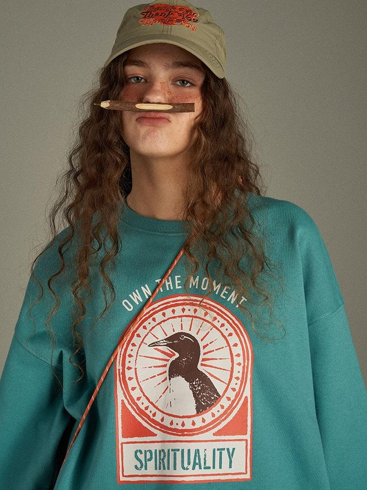 lulugray Vintage Cartoon Print Raglan Crewneck Loose Fit Women&