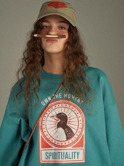 lulugray Vintage Cartoon Print Raglan Crewneck Loose Fit Women&