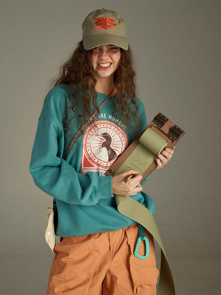 lulugray Vintage Cartoon Print Raglan Crewneck Loose Fit Women&