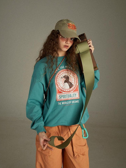 lulugray Vintage Cartoon Print Raglan Crewneck Loose Fit Women&