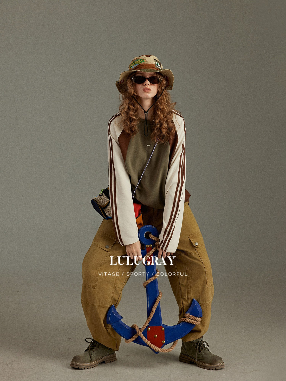 lulugray Vintage Color Block Crewneck Side Stripe Loose Women&
