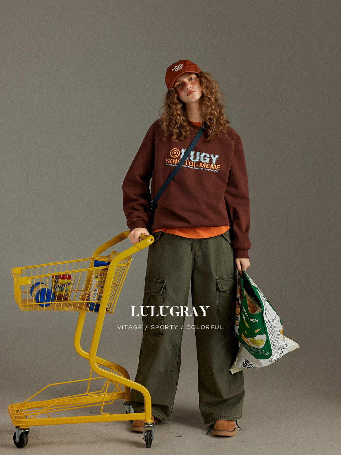 lulugray Vintage Color Block Letter Print Loose Fit Fleece Women&