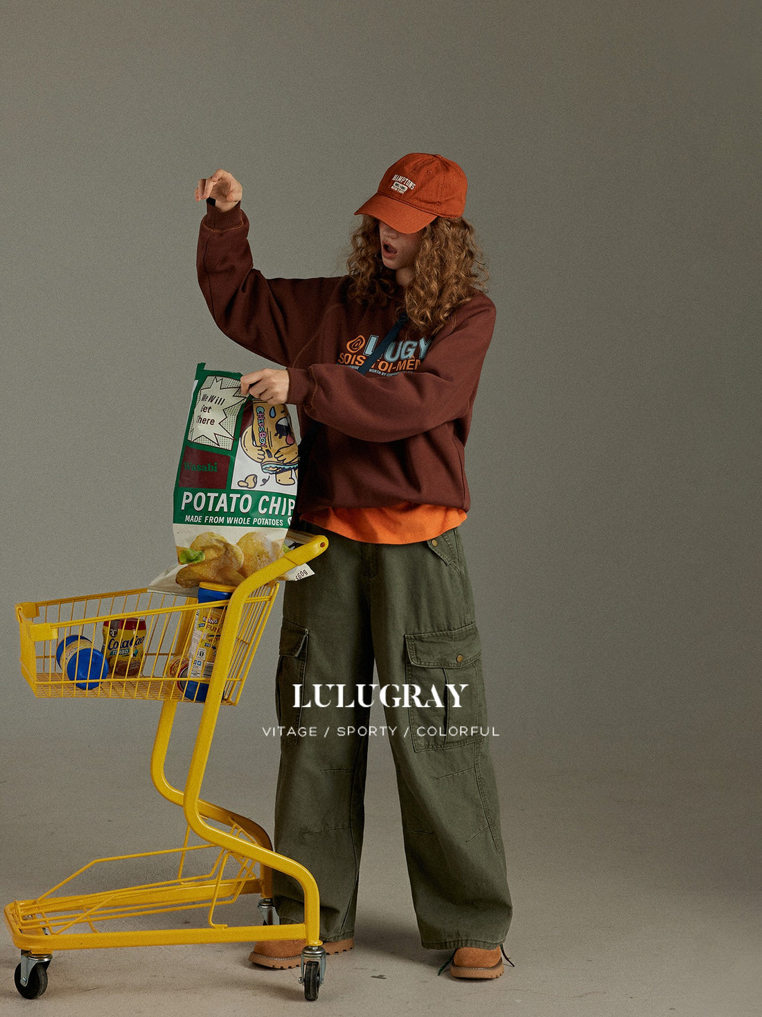 lulugray Vintage Color Block Letter Print Loose Fit Fleece Women&