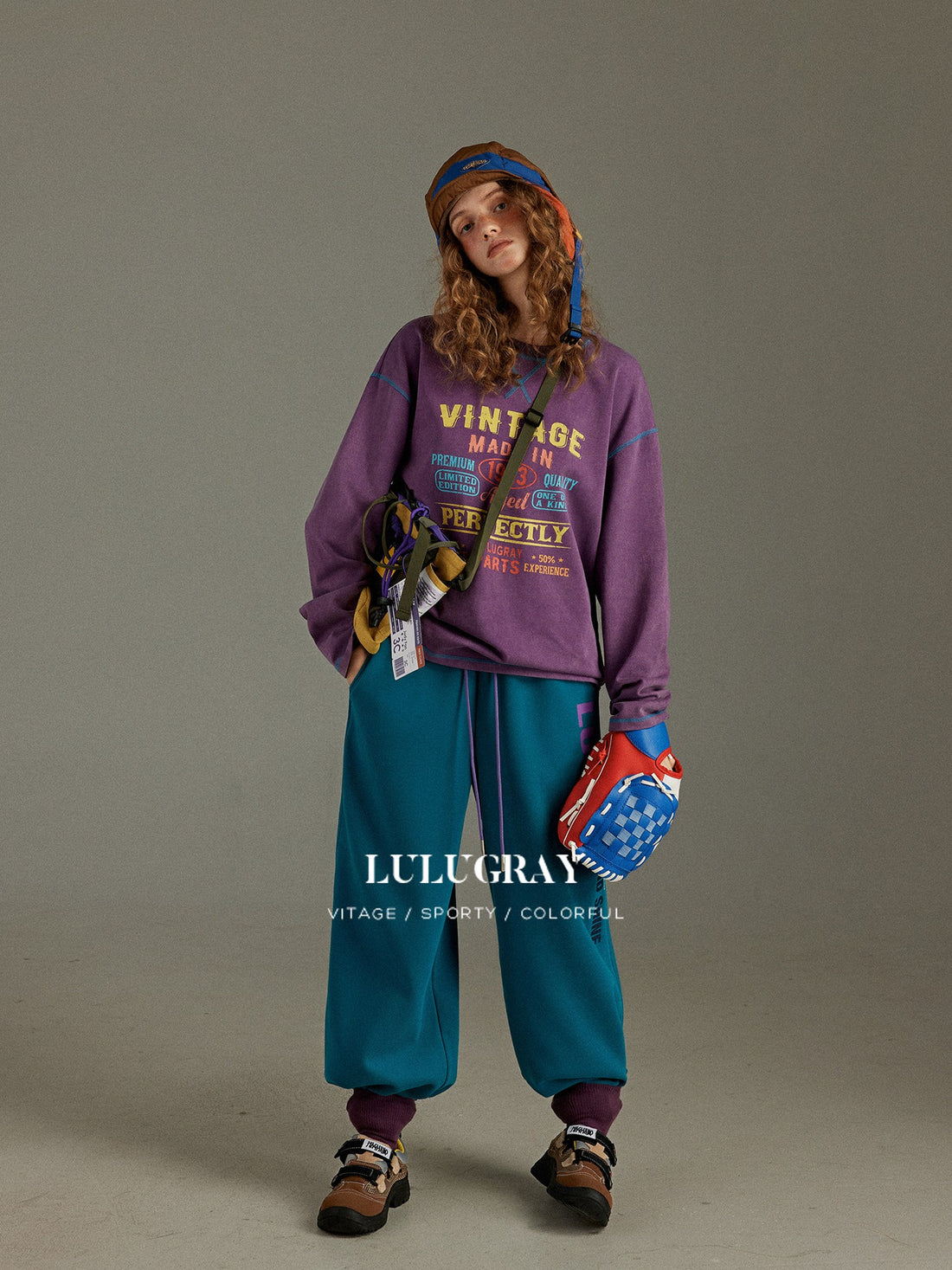 lulugray Vintage Color Block Print Crew Neck Women&