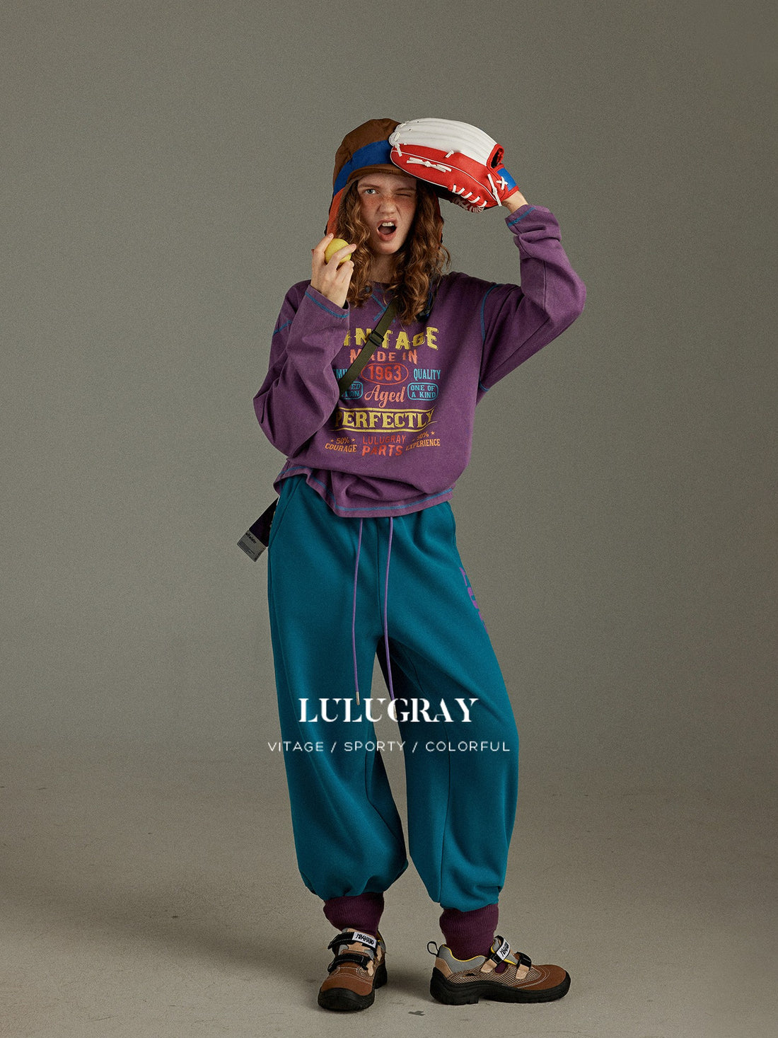 lulugray Vintage Color Block Print Crew Neck Women&