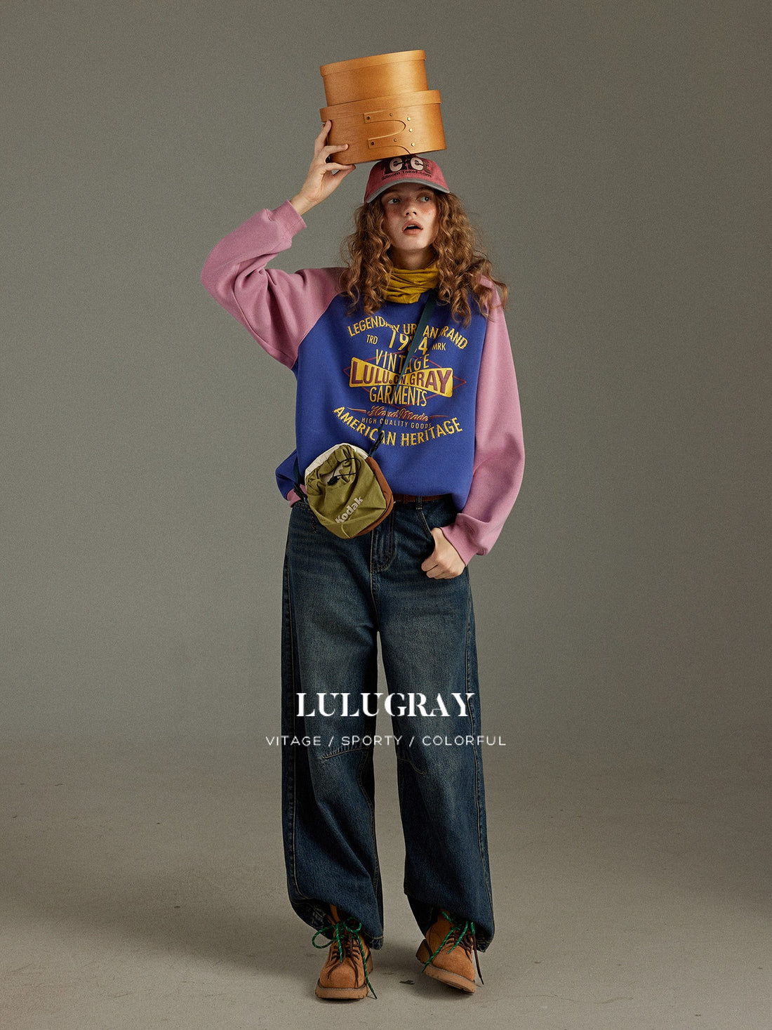 lulugray Vintage Color Block Raglan Sleeve Letter Print Fleece Women&