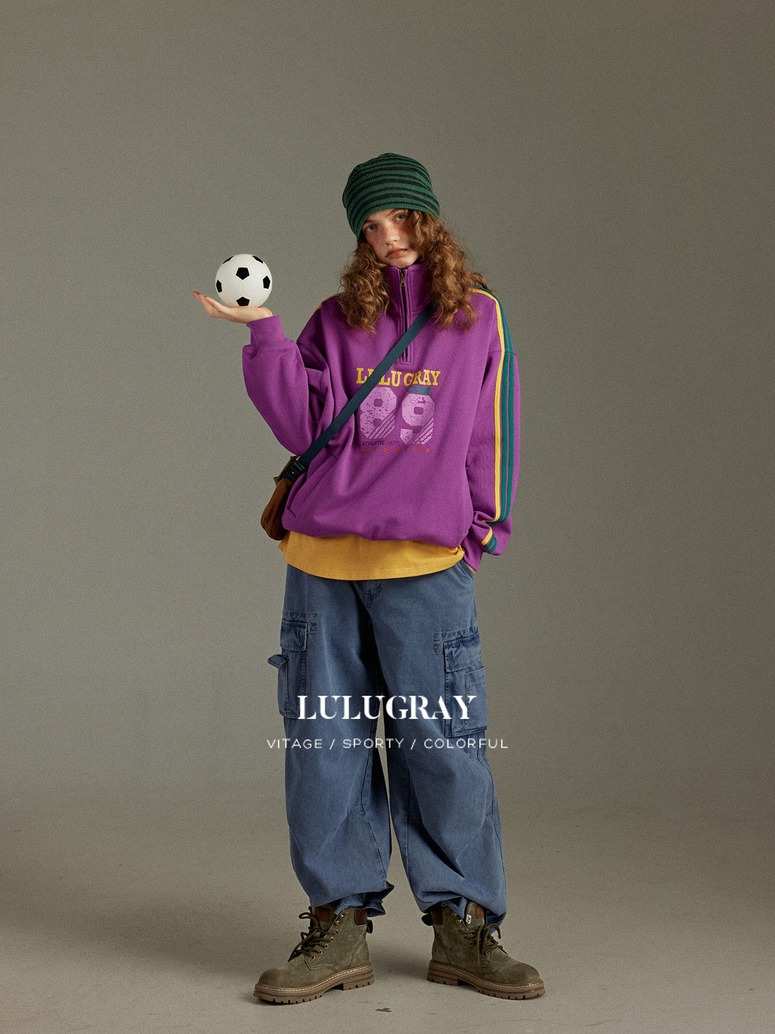 lulugray Vintage Color Block Side Webbing Print Half Zip Fleece Women&