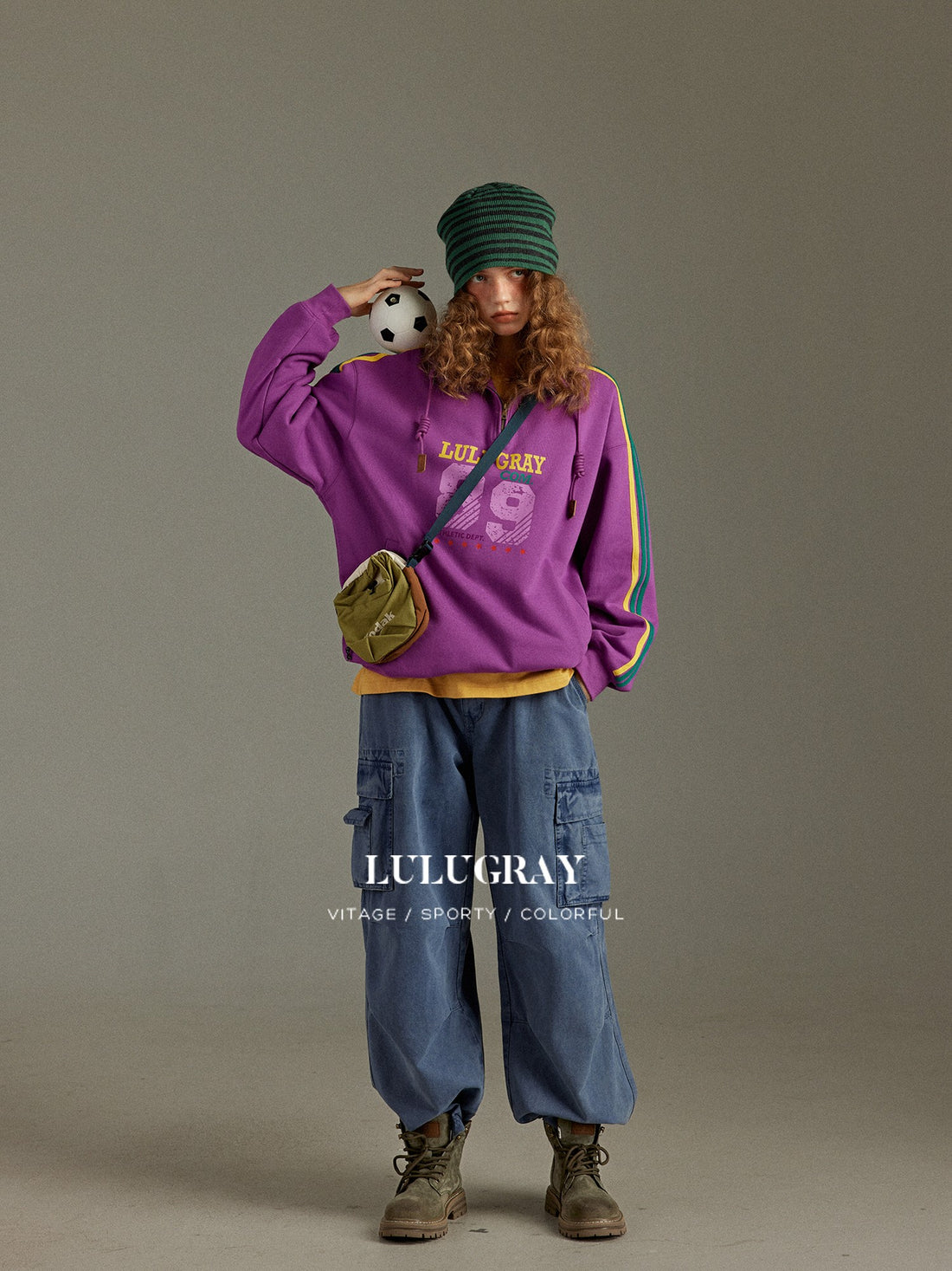 lulugray Vintage Color Block Side Webbing Print Half Zip Fleece Women&