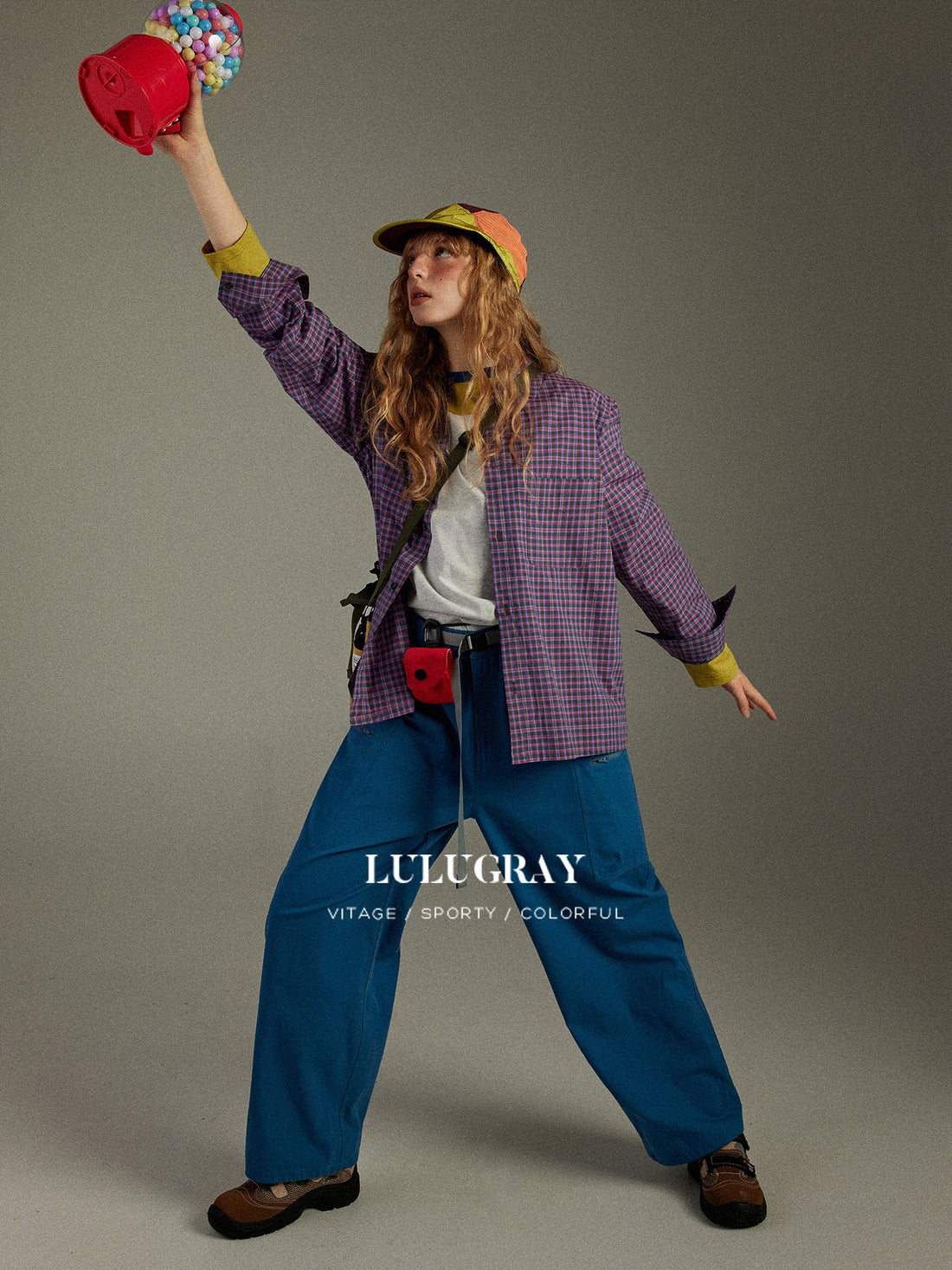 lulugray Vintage Colorblock Plaid Lapel Button Oversized Women&