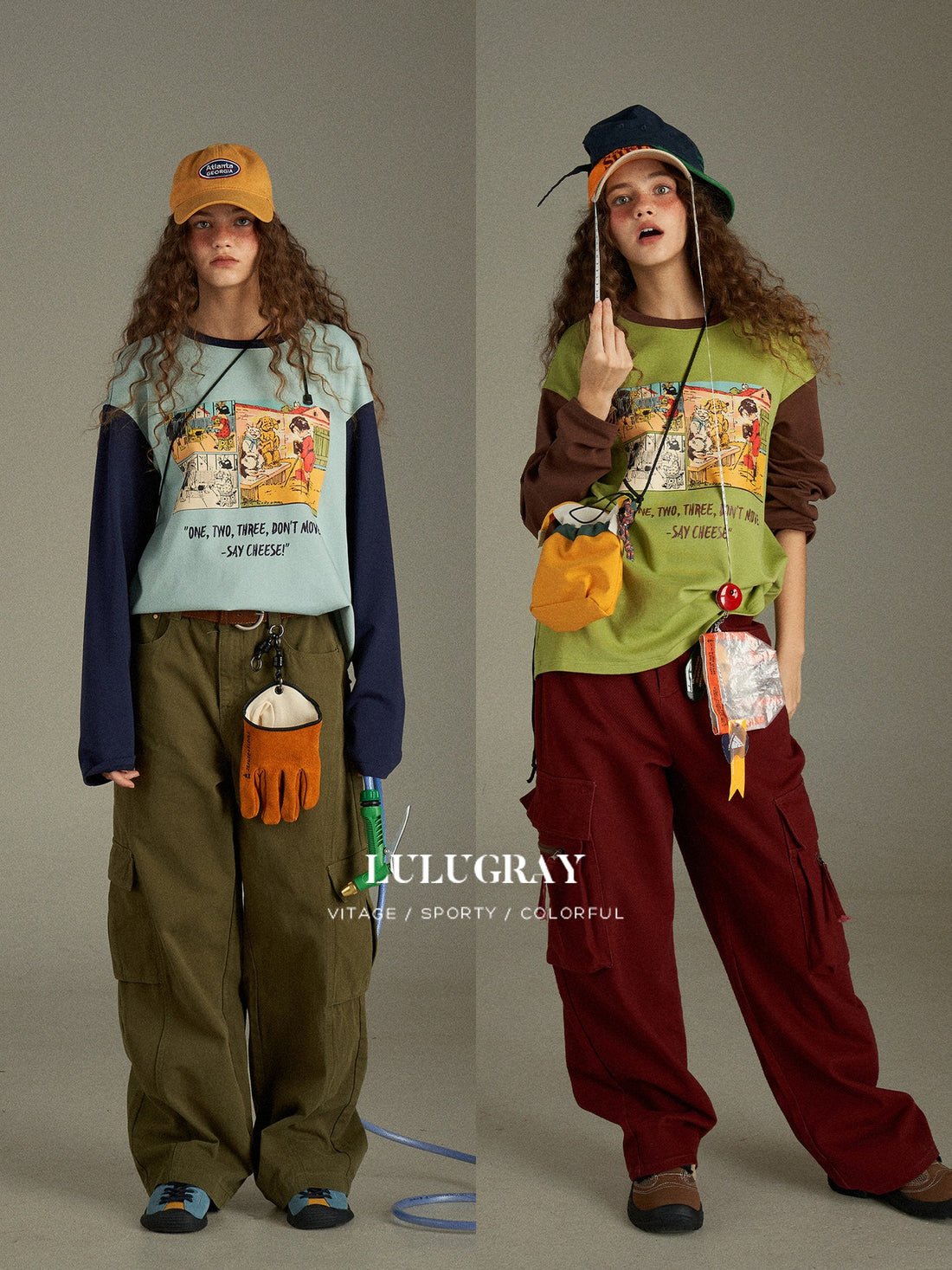 lulugray Vintage Colorblock Print Raglan Loose Women&