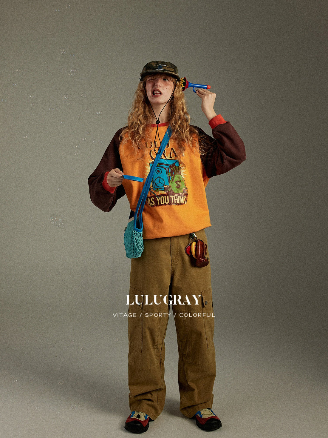 lulugray Vintage Colorblock Printed Patchwork Raglan Loose Women&