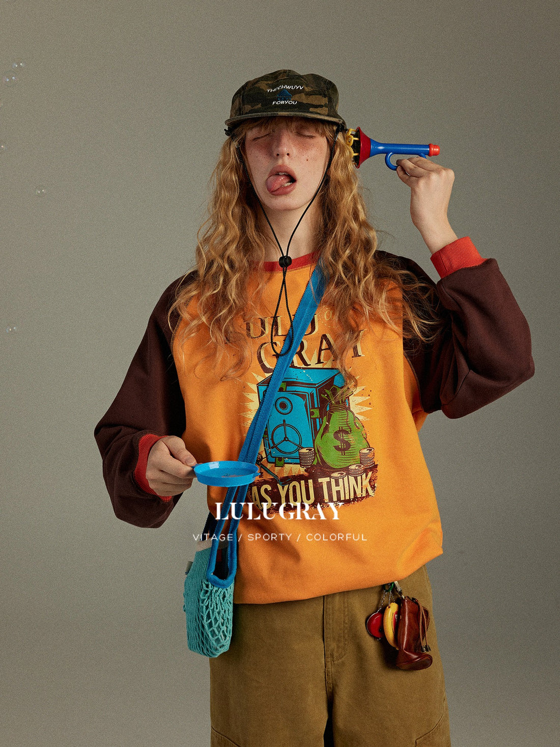 lulugray Vintage Colorblock Printed Patchwork Raglan Loose Women&