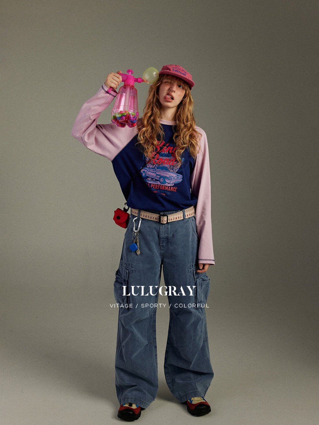 lulugray Vintage Colorblock Raglan Cartoon Print Crewneck Women&