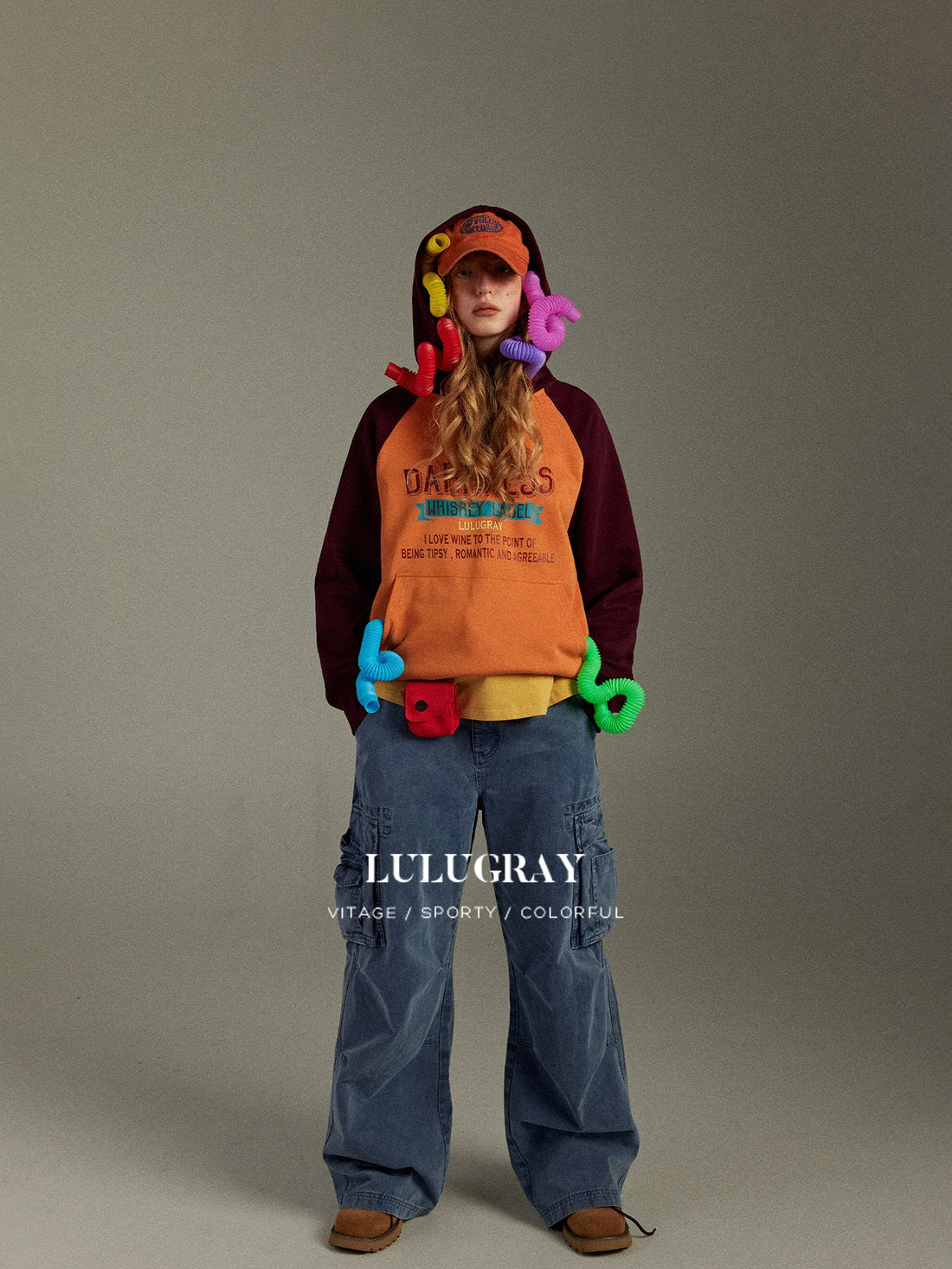 lulugray Vintage Colorblock Raglan Hooded Patchwork Letter Print Women&