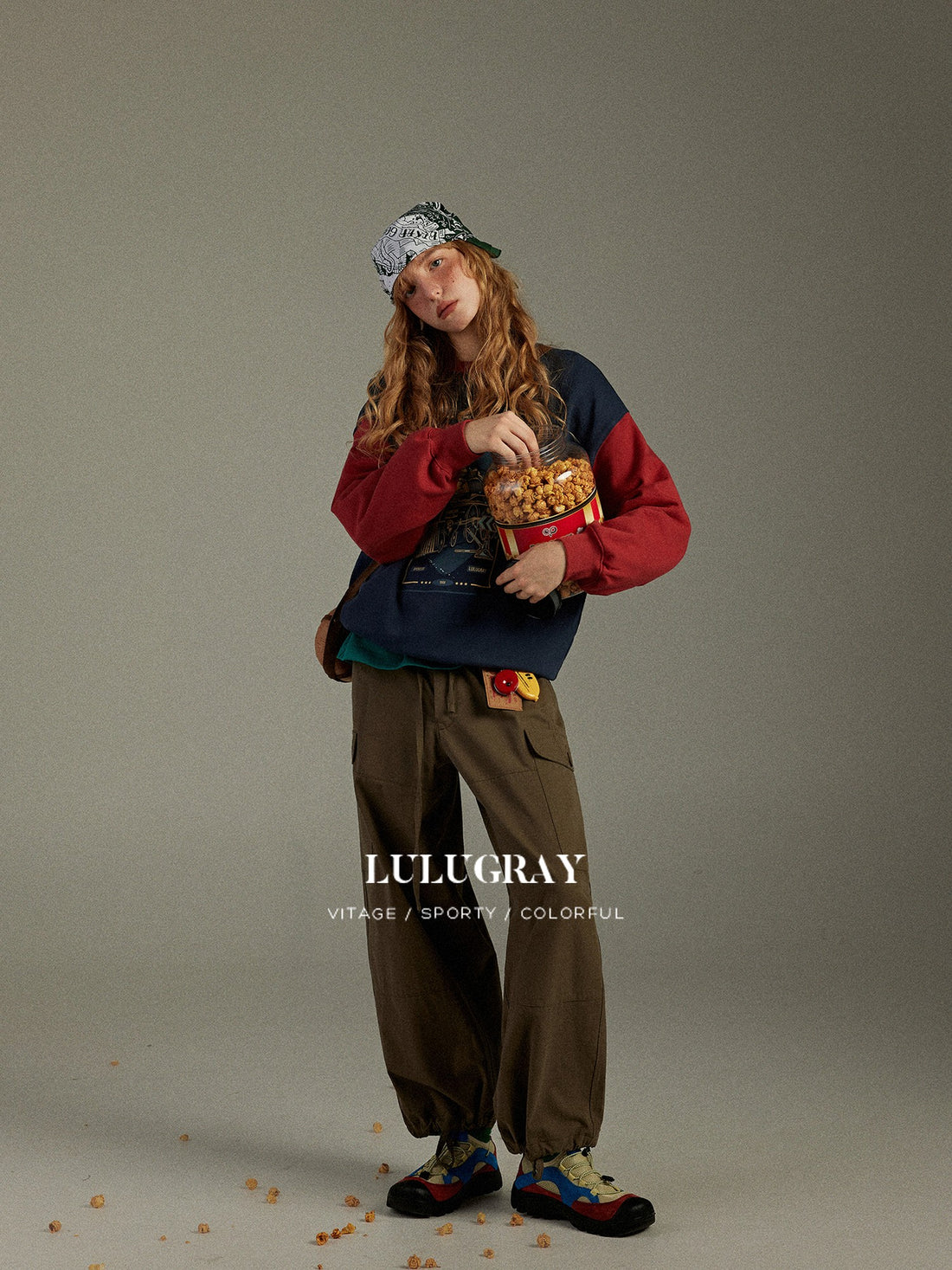 lulugray Vintage Colorblock Splice Raglan Cartoon Print Women&