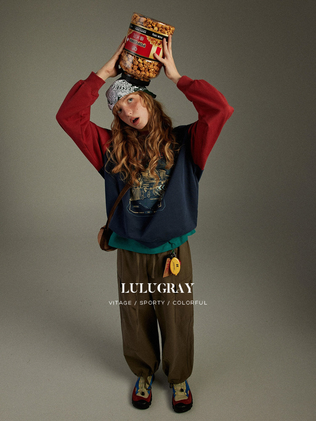 lulugray Vintage Colorblock Splice Raglan Cartoon Print Women&