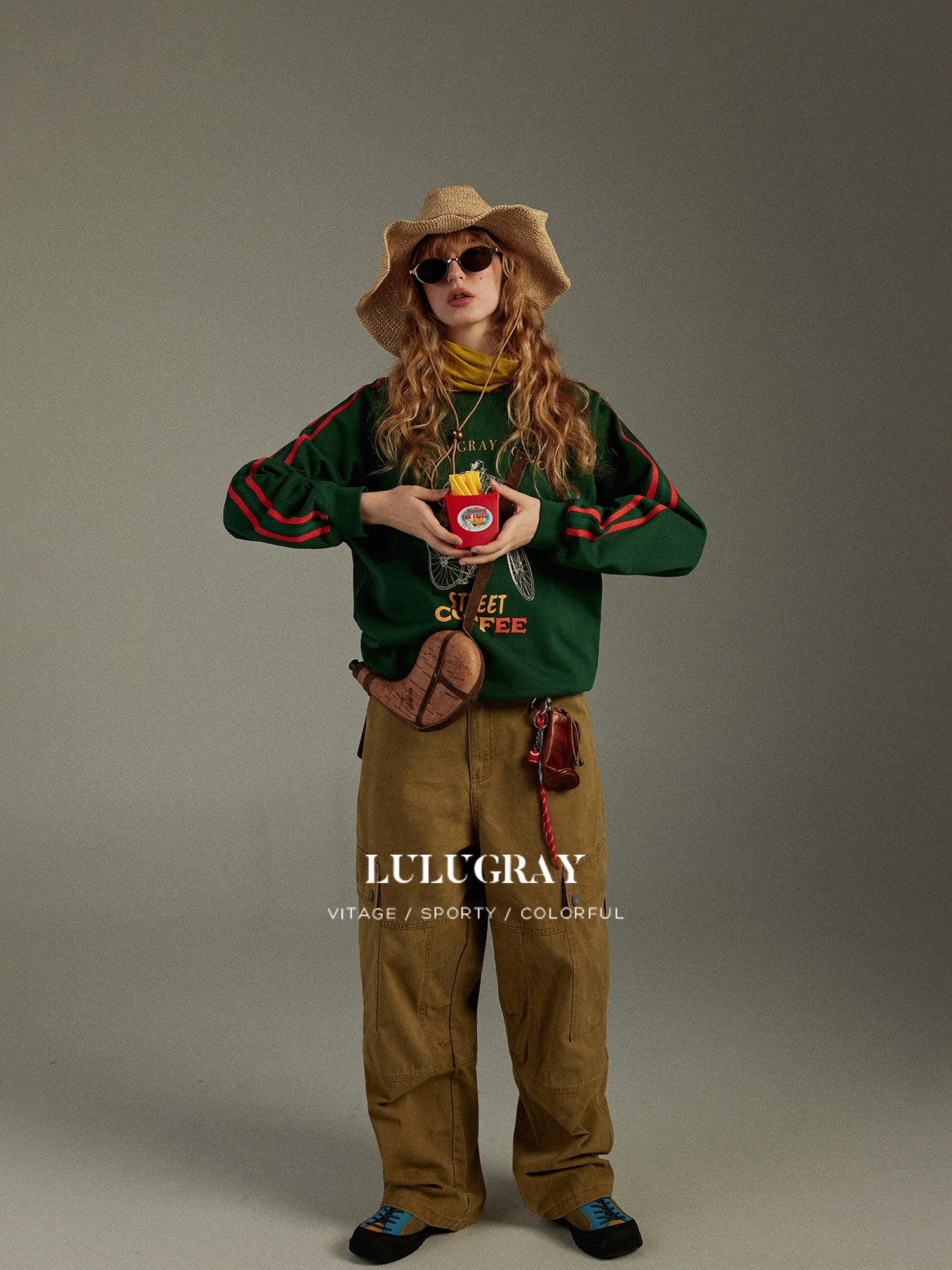 lulugray Vintage Contrast Tape Printed Relaxed Women&
