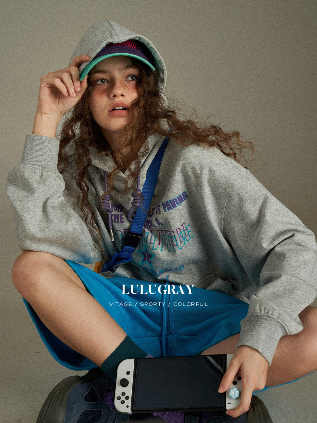 lulugray Vintage Gray Letter Print Relaxed Women&