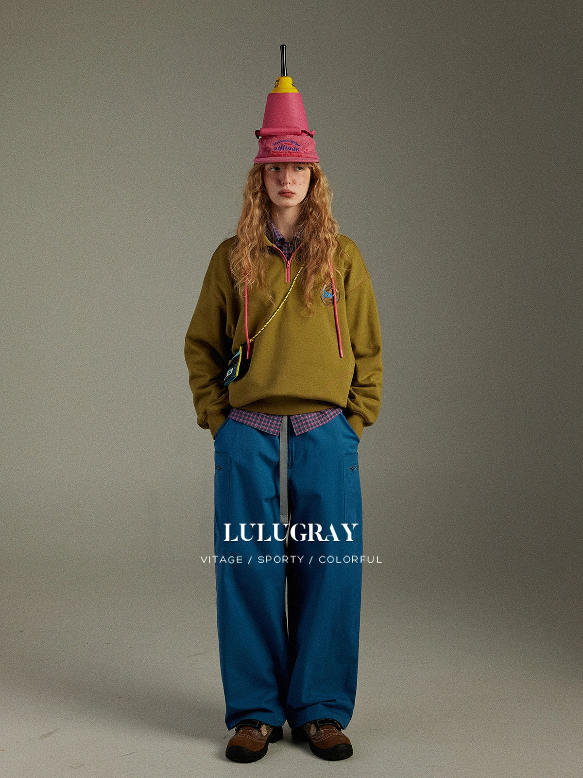 lulugray Vintage Half Zip Stand Collar Contrast Letter Print Women&