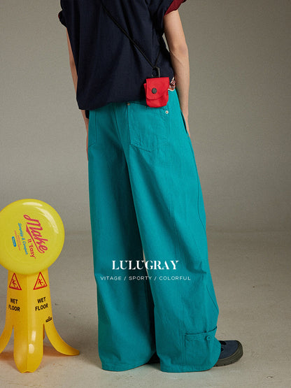 lulugray Vintage High Waist Cargo Pockets Loose Floor Length Women&