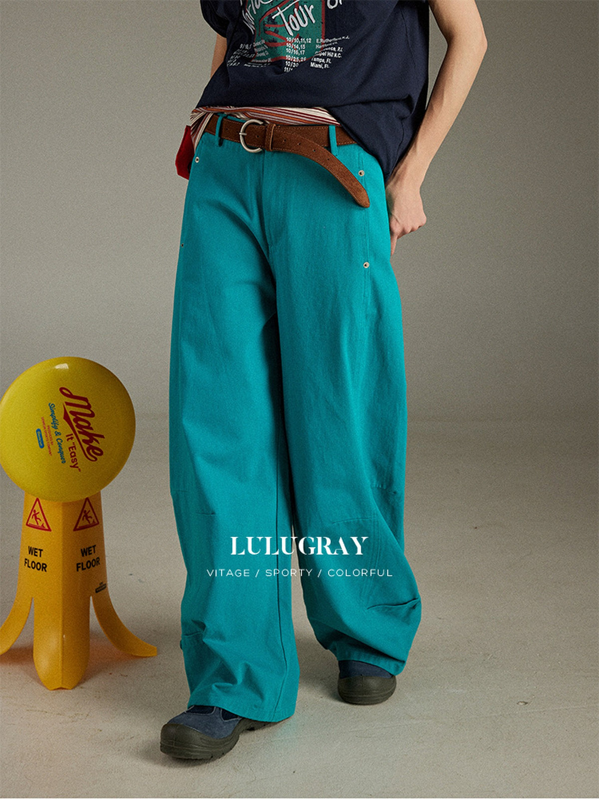 lulugray Vintage High Waist Cargo Pockets Loose Floor Length Women&