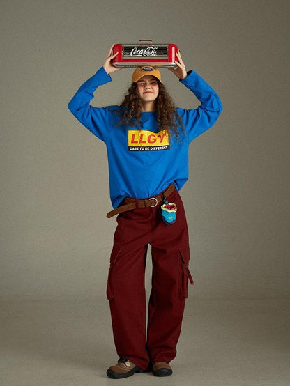 lulugray Vintage Lettering Print Loose Crewneck Women&