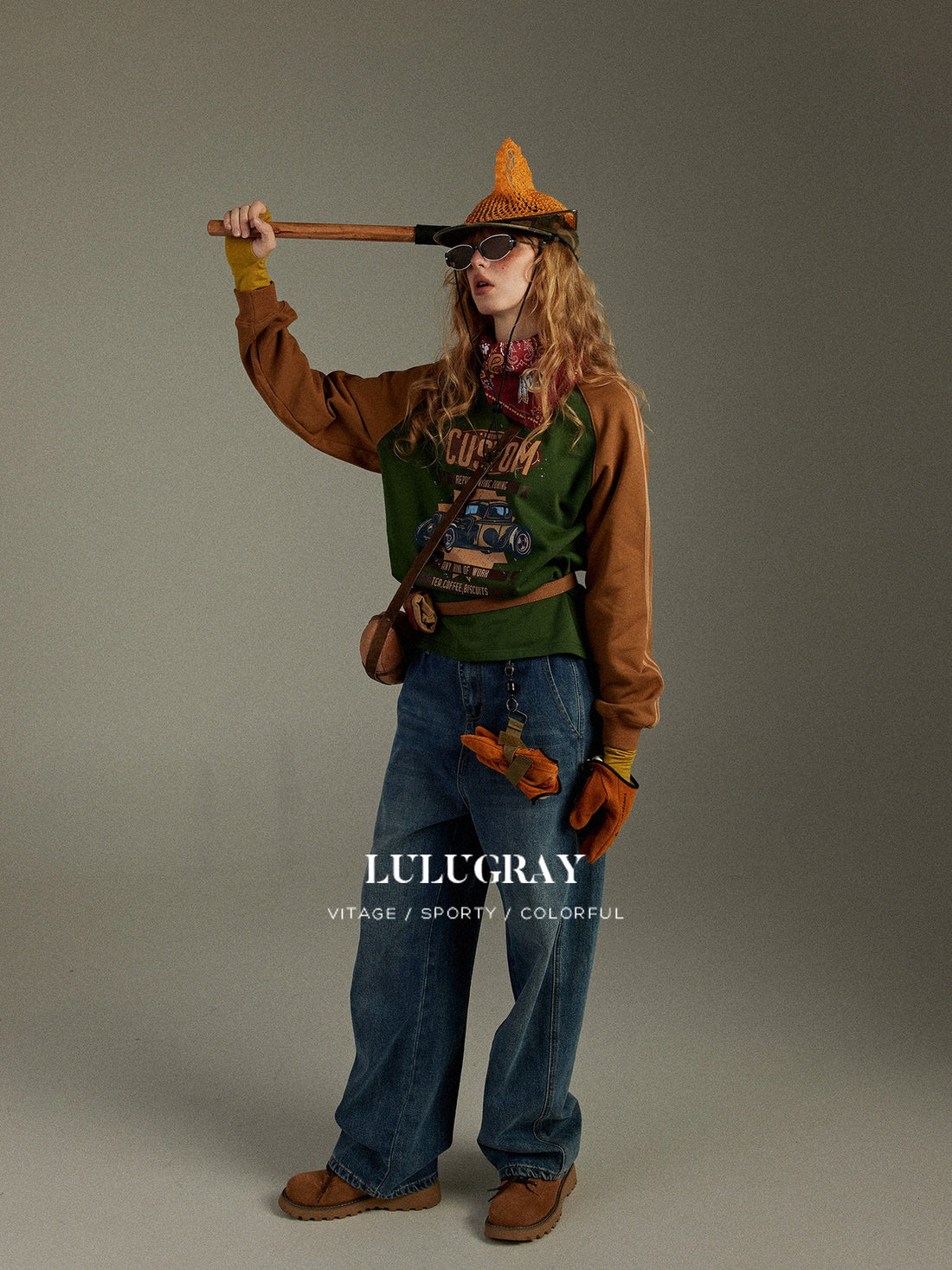 lulugray Vintage Patchwork Raglan Cartoon Print Oversized Women&