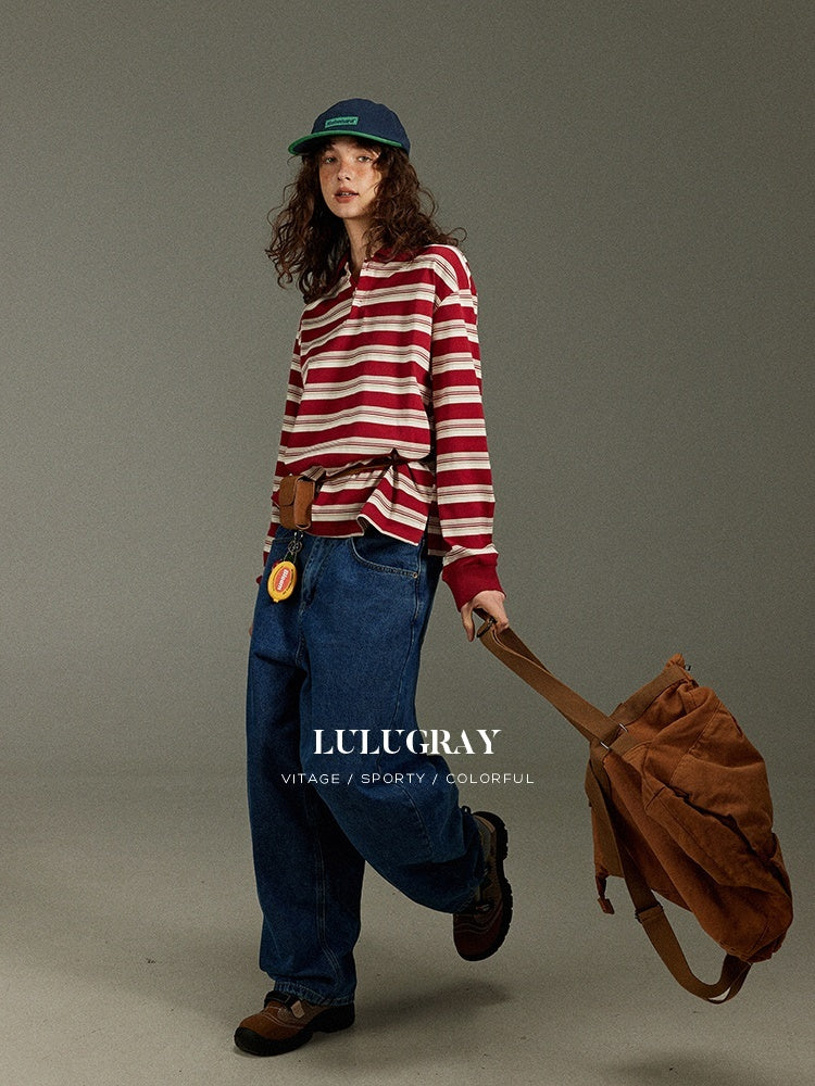 lulugray_Vintage_Polo_Collar_Striped_Patchwork_Women&