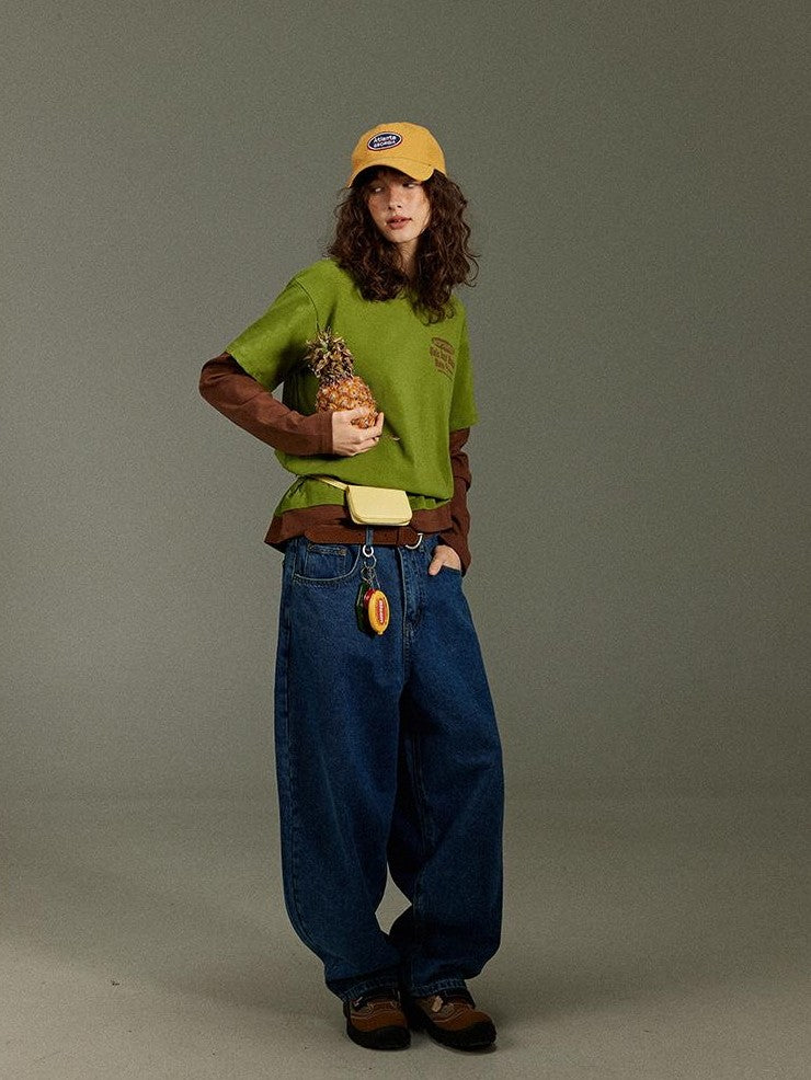lulugray Vintage Washed Blue High Waist Wide Leg Curved Hem Women&