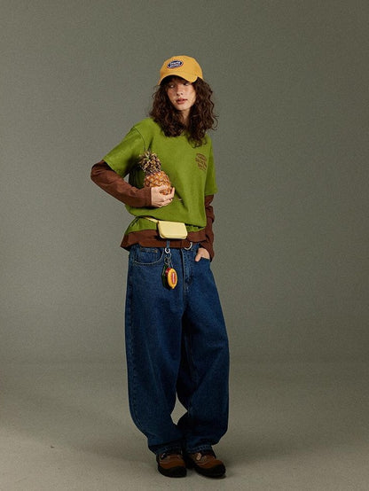 lulugray Vintage Washed Blue High Waist Wide Leg Curved Hem Women&