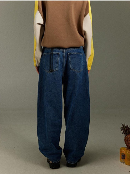 lulugray Vintage Washed Blue High Waist Wide Leg Curved Hem Women&