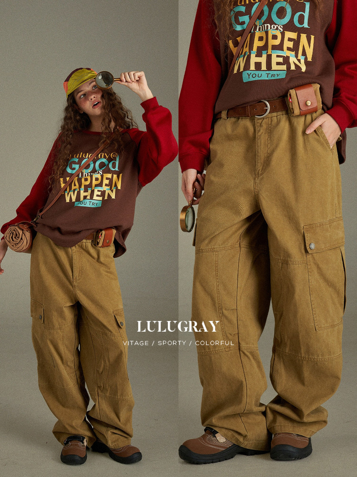 lulugray Vintage Washed Multi Pocket Cargo High Waist Women&