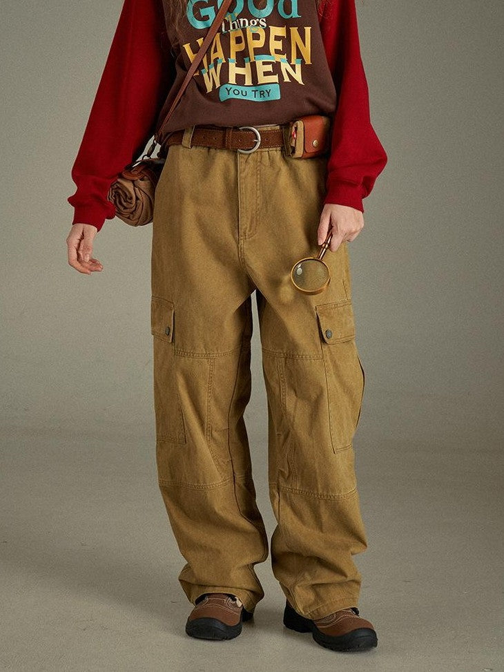 lulugray Vintage Washed Multi Pocket Cargo High Waist Women&
