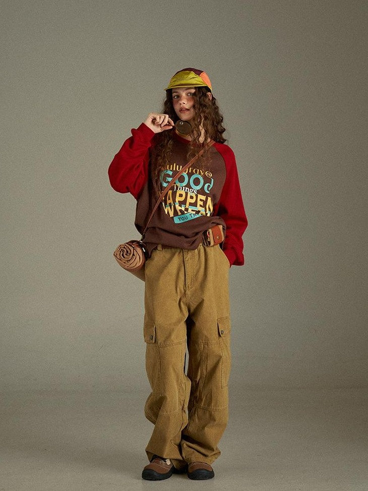 lulugray Vintage Washed Multi Pocket Cargo High Waist Women&