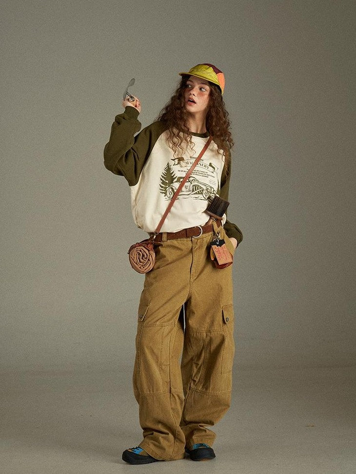 lulugray Vintage Washed Multi Pocket Cargo High Waist Women&