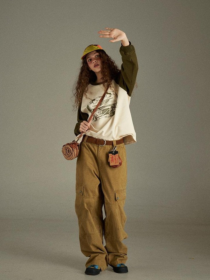 lulugray Vintage Washed Multi Pocket Cargo High Waist Women&