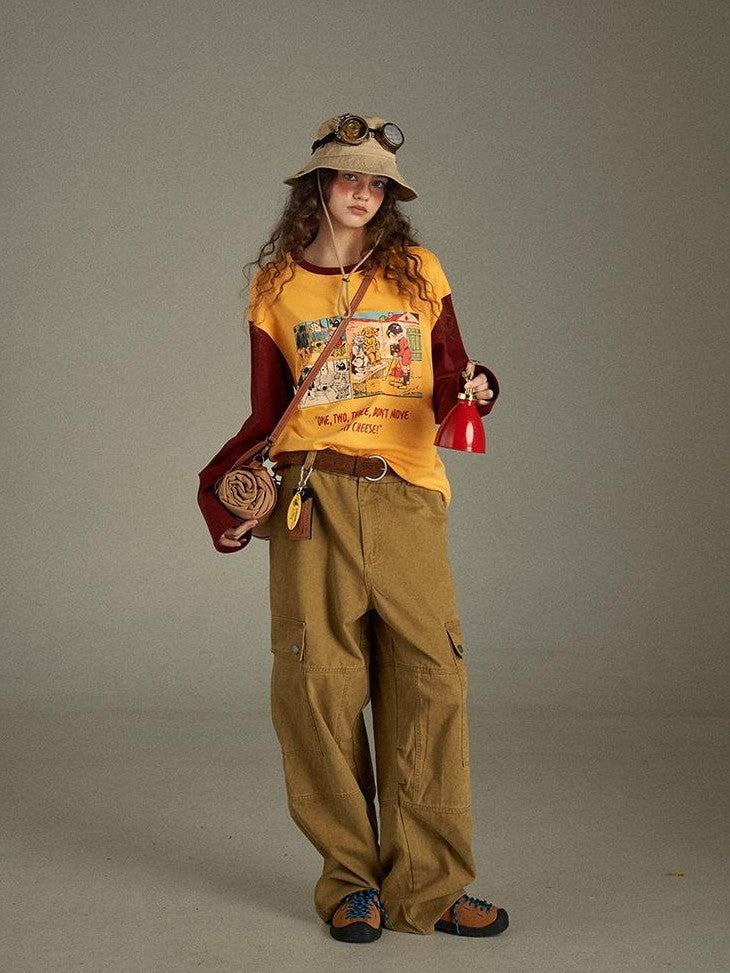 lulugray Vintage Washed Multi Pocket Cargo High Waist Women&