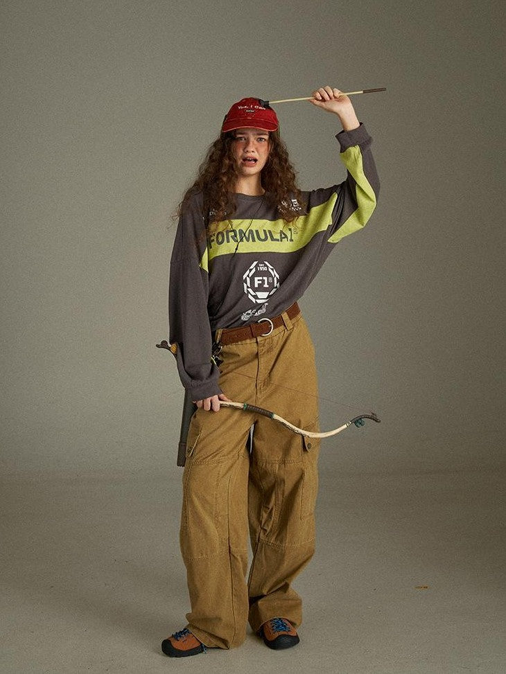 lulugray Vintage Washed Multi Pocket Cargo High Waist Women&