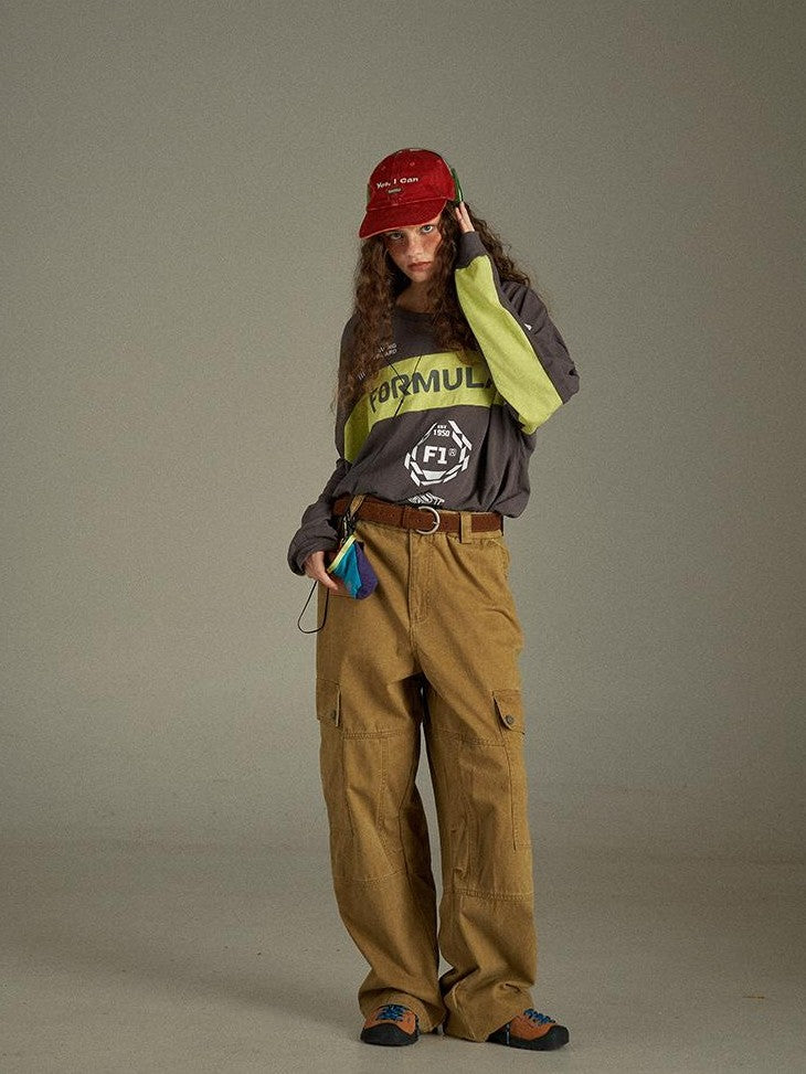 lulugray Vintage Washed Multi Pocket Cargo High Waist Women&