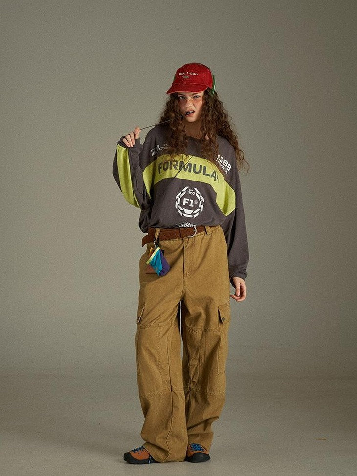 lulugray Vintage Washed Multi Pocket Cargo High Waist Women&