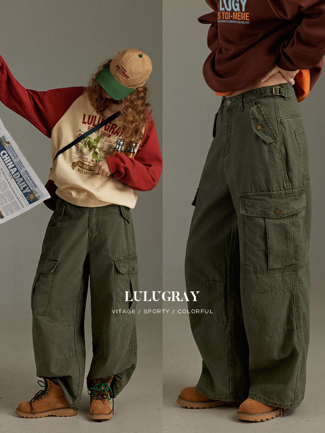 lulugray Vintage Washed Multi Pocket High Waist Women&