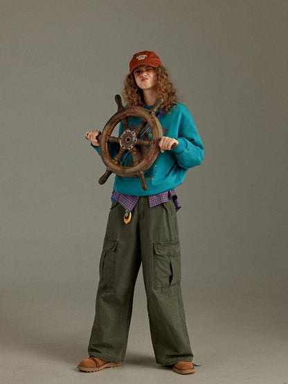 lulugray Vintage Washed Multi Pocket High Waist Women&