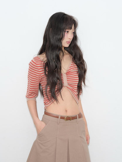 lvetong Backless Slim Street V-neck Cropped Red Stripe Women Short Sleeve T-Shirts