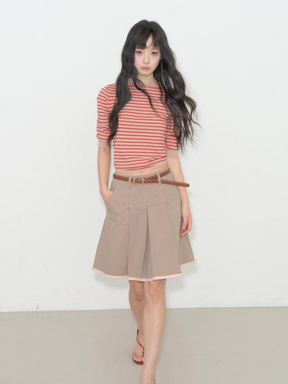 lvetong Backless Slim Street V-neck Cropped Red Stripe Women Short Sleeve T-Shirts