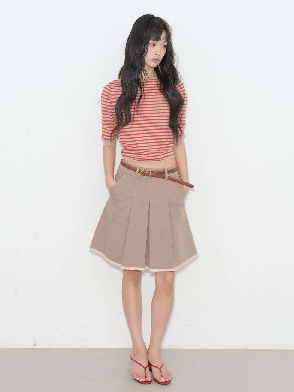 lvetong Backless Slim Street V-neck Cropped Red Stripe Women Short Sleeve T-Shirts