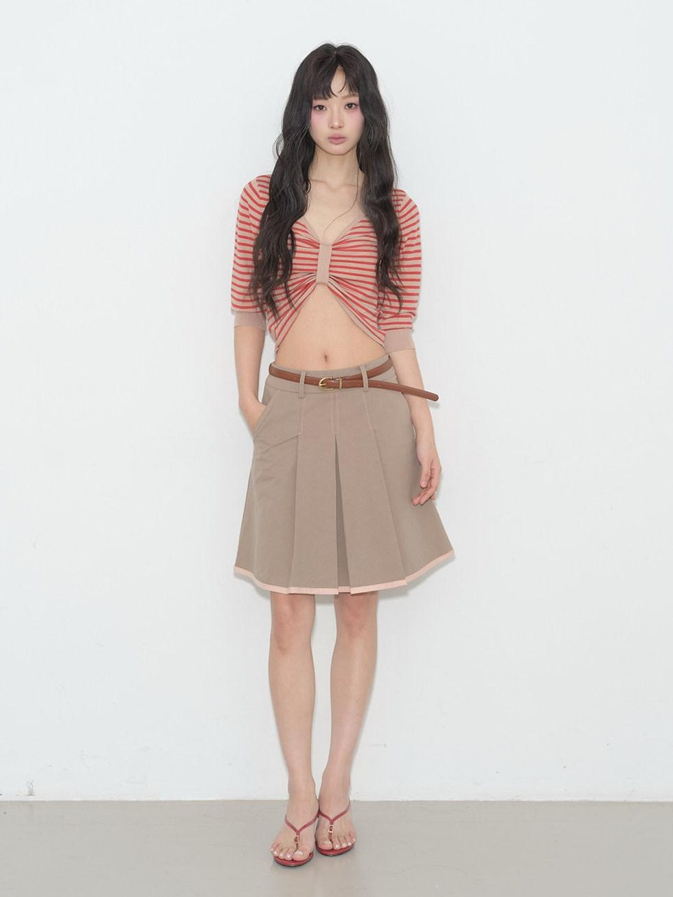 lvetong Backless Slim Street V-neck Cropped Red Stripe Women Short Sleeve T-Shirts