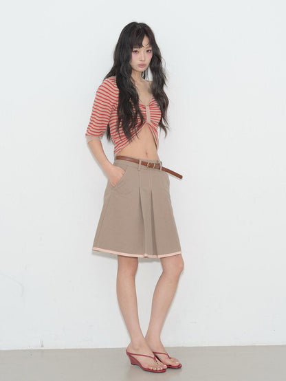 lvetong Backless Slim Street V-neck Cropped Red Stripe Women Short Sleeve T-Shirts