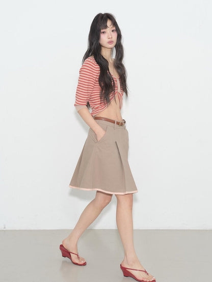 lvetong Backless Slim Street V-neck Cropped Red Stripe Women Short Sleeve T-Shirts